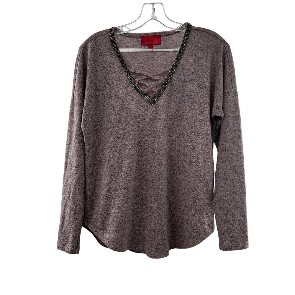 Jennifer Lopez Women's Criss Cross Rhinestone V- Neck Sweater Mauve/Gray Small